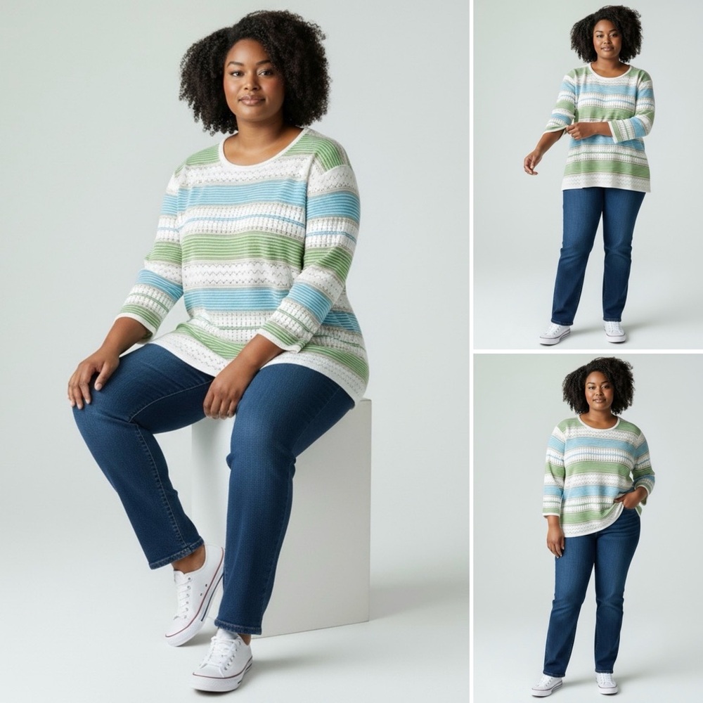 Alfred Dunner Knit Sweater Striped 3/4 Sleeves Round Neck Pullover